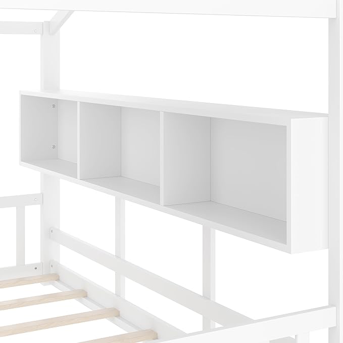Full Size House Bed with Storage Shelves for Kids,Kids Montessori Floor Bed, Cute Wood House Bed Frame Full with Roof for Girls,Boys,Can be Decorated,White