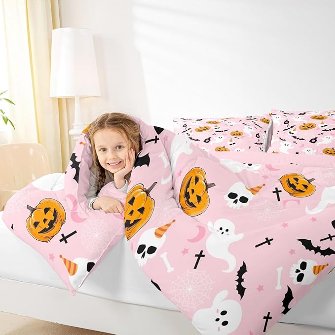 Erosebridal Pink Halloween Comforter Set Cute Ghost Bedding Set Twin Size,Spooky Pumpkin Bat Decor Quilt for Kids Boys Girls Adults Vintage Halloween Decorations Down Comforter