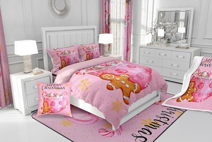 Erosebridal Merry Kids Twin Comforter Sets Christmas Decor Bedding Sets Pink Xmas Snowflake Down Comforter Dessert Gingerbread Man Bed Set for Boys Girls Teens