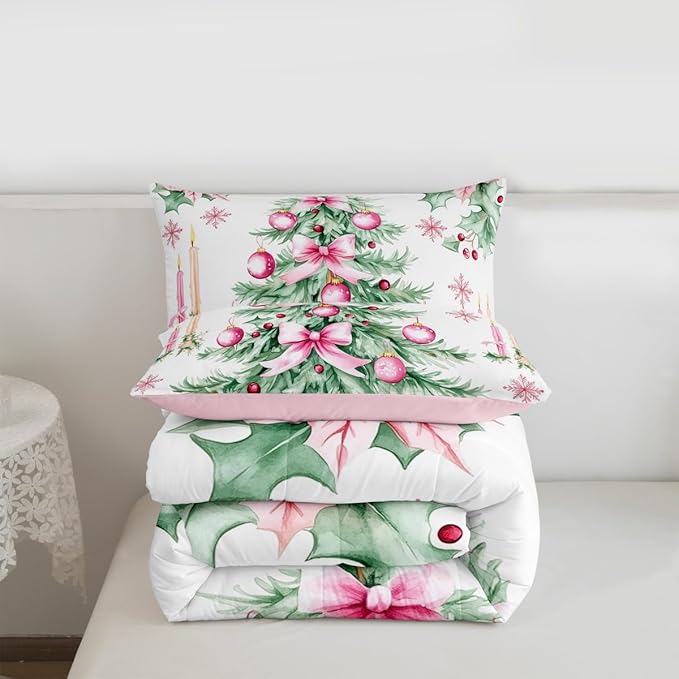 Feelyou Pink Christmas Comforter Set Queen Size Xmas Tree Bedding Set for Kids Boys Girls Xmas Ornaments Duvet Quilt Snowflake Bow Bedroom Decor Microfiber 3 Pcs with 2 Pillow Cases