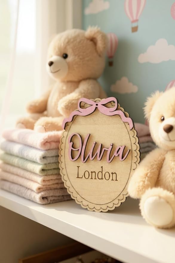 Personalized Baby Name Announcement Sign with Bow, Custom Wooden Name, Scalloped Edge Newborn Photo Prop & Nursery Keepsake (Name Sign)