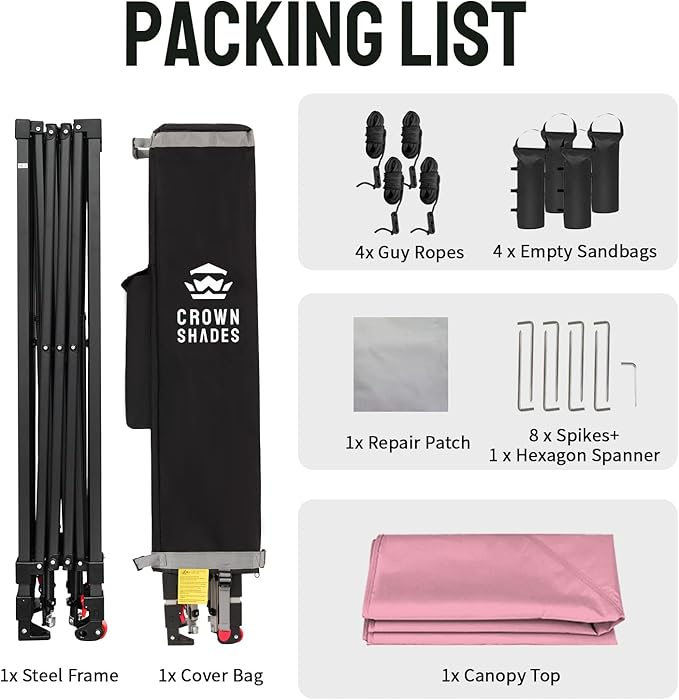 CROWN SHADES 10x10 Pop Up Canopy Tent - Patented Center Lock One Push Instant Outdoor Canopy Beach Tent with STO-N-Go Bag 8 Stakes & 4 Sand Bags，Pink