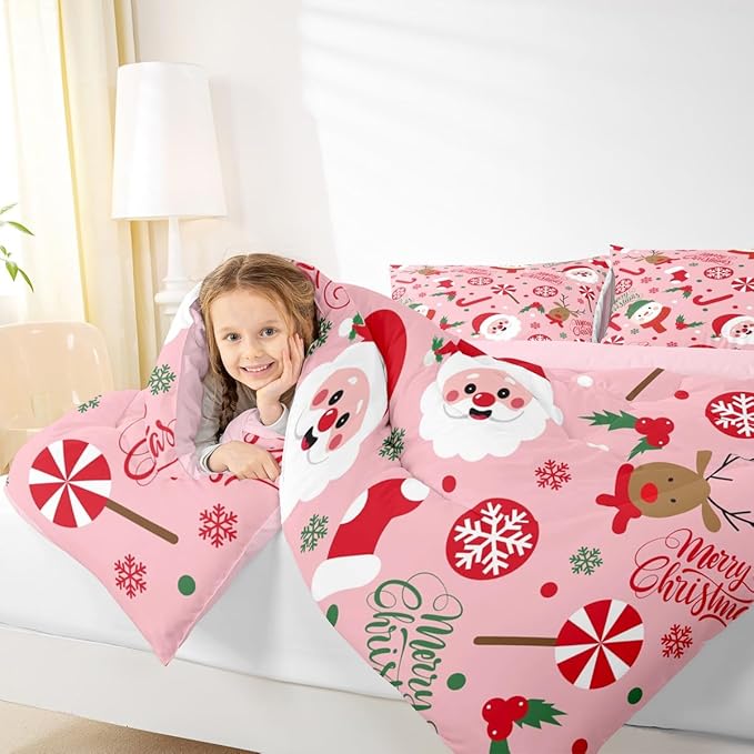 Feelyou Merry Christmas Kids Comforter Set Full Size Santa Claus Snowman Bedding Set Deer Berries Duvet Quilt for Kids Boys Girls Bedroom Snowflake Decor Microfiber Ultra Soft Breathable