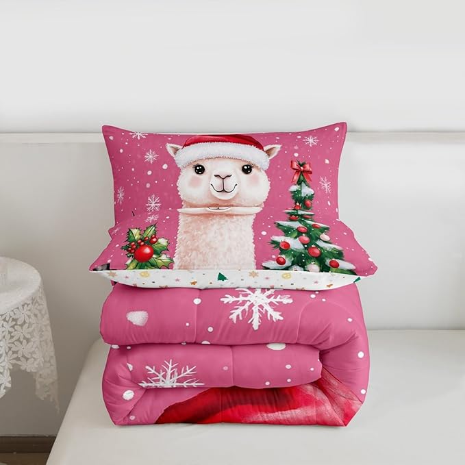 Feelyou Merry Christmas Bedding Set Soft for Boys Girls, Cute Llama Comforter Set Toddler Size Snowflake Duvet Quilt Microfiber Christmas Tree Bedroom Decor 2 Pcs with 1 Pillow Cases