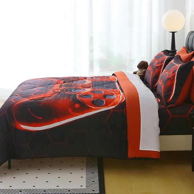 Wajade Game Console Comforter Set for Boys 7 Piece Orange 3D Gaming Geometric Bedding Sets for Kids Full Size as Birthday with Comforter, Sheet Set, Pillowcase and Sham