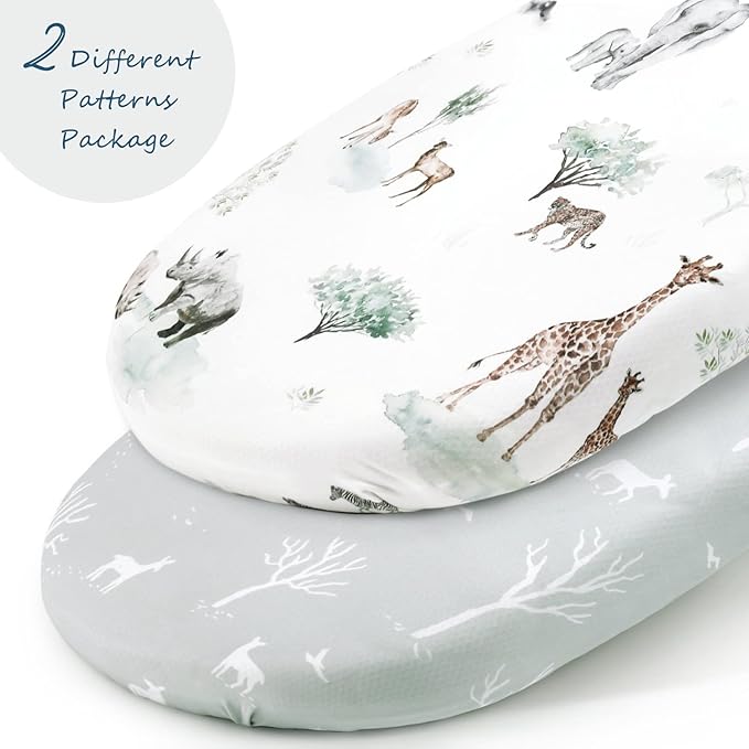 Stretch Ultra Soft Fitted Bassinet Sheet Set 2 Pack, Universal Fit for Bassinets Baby Cradle Moses Basket Oval Rectangle Mattress Safe and Snug, Pretty African Savannah Animals Pattern
