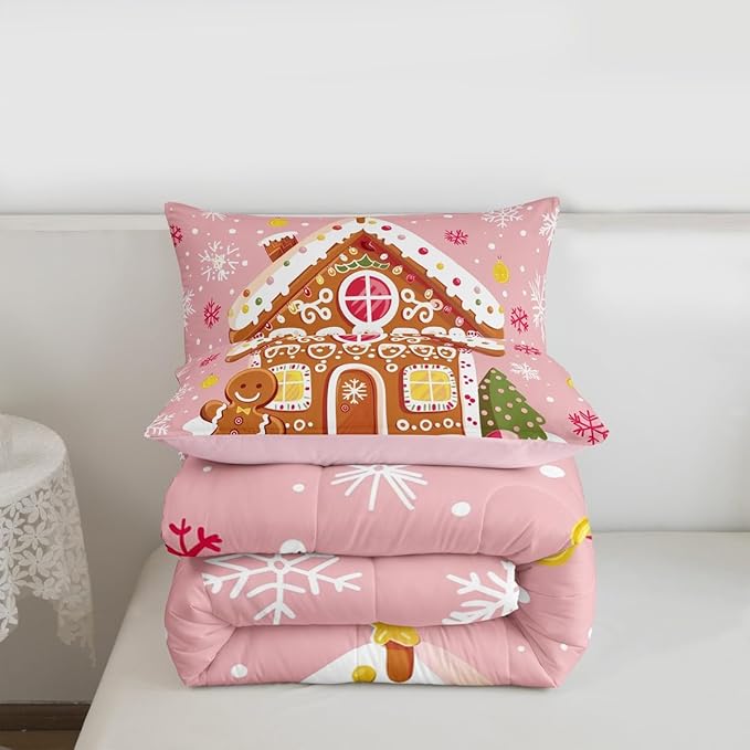 Feelyou Christmas Gingerbread Bedding Set Soft for Boys Girls,Gingerbread House Comforter Set Full Size Winter Holiday Decor Duvet Quilt Cute Snowflake Room Decor Pink Decor 3 Pcs with 2 Pillow Cases