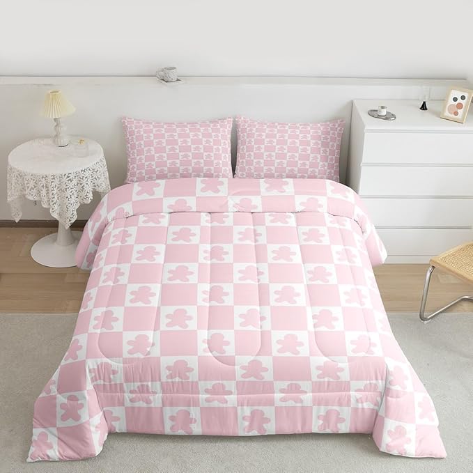 Feelyou Christmas Bedding Set Soft for Boys Girls,Checkered Comforter Set Queen Gingerbread Man Duvet Quilt Microfiber Xmas Decorations Bedroom Decor Pink 3 Pcs with 2 Pillow Cases Soft Lightweight