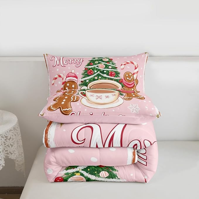 Feelyou Merry Christmas Comforter Set Twin Size Gingerbread Man Bedding Set for Kids Boys Girls Xmas Duvet Quilt Christmas Decor Bedroom Decor Microfiber 2 Pcs with 1 Pillow Cases
