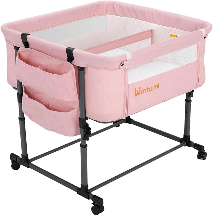 MTWML Twin Bassinet for 2 Babies,Portable Twins Crib with Storage Bag and Replaceable Mattress Cover,Adjustable Height Double Bedside Crib Attaches to Bed with Strap for 0-6 Months (Pink)