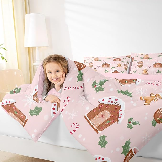 Feelyou Pink Christmas Comforter Set All Season Gingerbread Man Bedding Set with 2 Pillow Cases Christmas Pastry Microfiber Kids Queen Bedclothes Candy Cane Bedroom Decor Duvet Quilt Breathable Soft