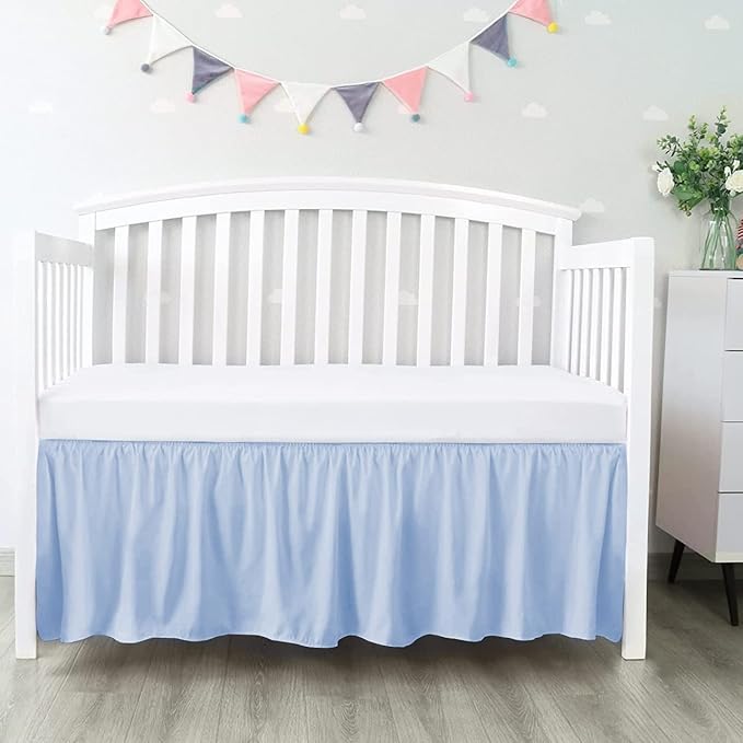 100% Egyptian Cotton, Nursery Crib Toddler (24" x 38" + 10") 800 Thread Count Crib Skirt Dust Ruffle, Bedding Skirts for Baby Boys or Girls, 10" Drop, Light Blue Solid
