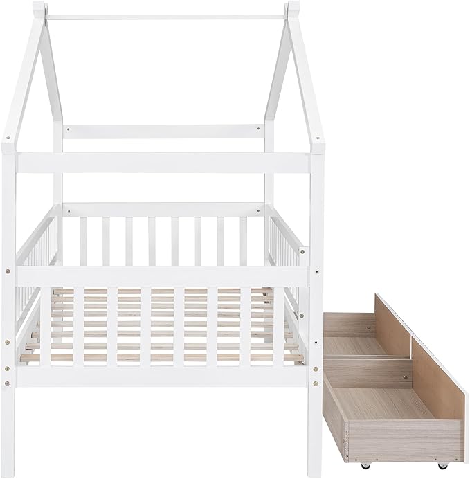 Aoowow Twin Size House Bed with Storage Drawers,Kids Wooden Bed Frame Twin House Bed with Slats and Fence for Boys Girls Teens for Bedroom(White)