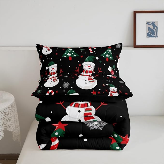 jejeloiu Kids Cute Winter Snowman Comforter Set King Size Christmas Theme Bedding Set for Boys Girls Teens Xmas Candy Cane Snowflake Happy New Year Duvet Quilt Room Decor