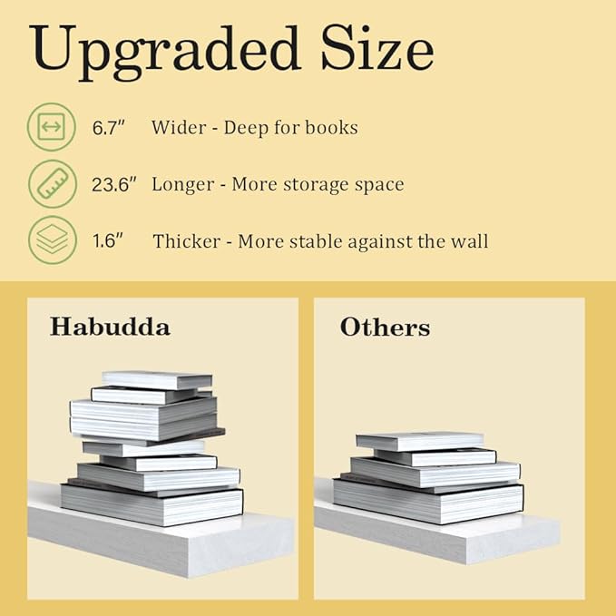 Habudda Floating Shelves, Natural Wood Wall Shelf, White Wooden Rustic Decor for Bathroom Kitchen Bedroom, 23.6 inches Hanging Mounted Invisible Bracket, 2 Set