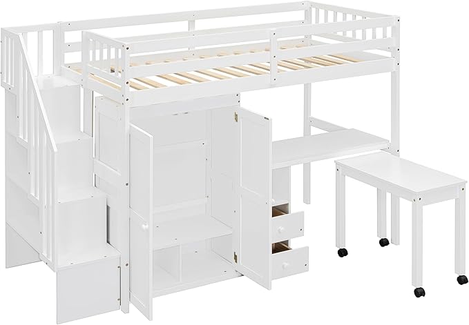 Merax Kids Twin Multifunction Loft Bed with Desk/Wardrobe, Wood Storage Loft Bed with Staircase, Bookshelf & Drawers, No Box Spring Needed, Space Saving, White