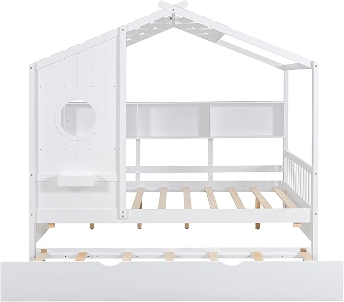 Harper & Bright Designs Full Size Modern House Bed with Roof, Wooden Twin Kids House Bed Frame with Trundle and Storage Shelf, White