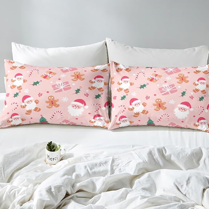 Feelyou Merry Christmas Bedding Set Cookies Candy Duvet Cover Set for Kids Boys Girls PinkChristmas Comforter Cover Quilt Cover Bedroom Collection 3Pcs Queen Size,No Comforter
