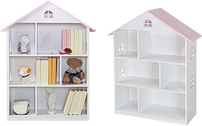 Wooden Dollhouse Bookshelf 4-Tier Kids Bookcase, Toy Storage Organizer & Playhouse with 6 Compartments for Girls Boys, Pink and White Room Furniture for Bedroom Playroom