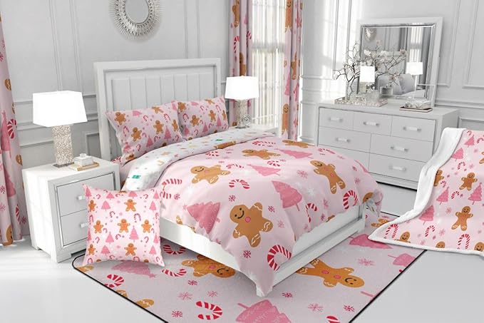 Feelyou Cute Gingerbread Man Comforter Set All Season Pink Christmas Tree Bedding Set with 2 Pillow Cases Candy Cane Kids Queen Snowflake Room Decor Christmas Duvet Quilt Breathable Soft Lightweight