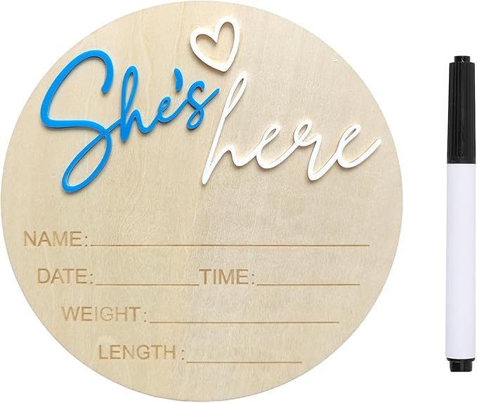 Baby Announcement Sign, 5.9 Inch Wooden Hello World Newborn Signs, Birth Announcement Sign, Gender Reveal Signs, She's here Decoration, Welcome Newborn Arrival To World, Hospital Nursery for Baby (Dark blue She's)