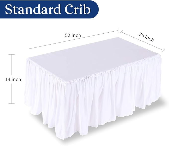 White Crib Bed Skirt 28" x 52" with 14" Drop - Dust Ruffle Crib Skirt with Split Corners - Soft Nursery Standard Crib Toddler Bedding Skirt for Baby Boys or Girls