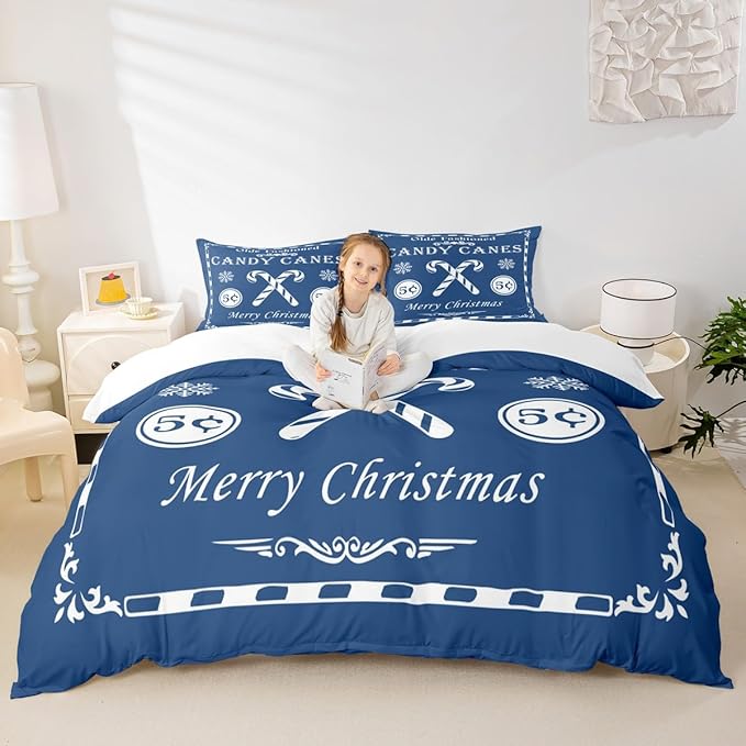 jejeloiu Christmas Bedding Set Twin Size Kids Christmas Quote Comforter Cover Set for Boys Girls Teens Candy Canes Print Duvet Cover Xmas Bedspread Cover Room Decorations Blue Quilt Cover