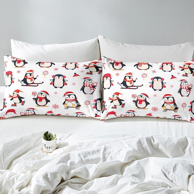 Feelyou Cartoon Penguin Duvet Cover Funny Animal Printed Christmas Day Bedding Set for Kids Room Cute Polar Animal Pattern Decor Comforter Cover Set Snowflake Bedspread Cover 3Pcs Zipper Queen Size