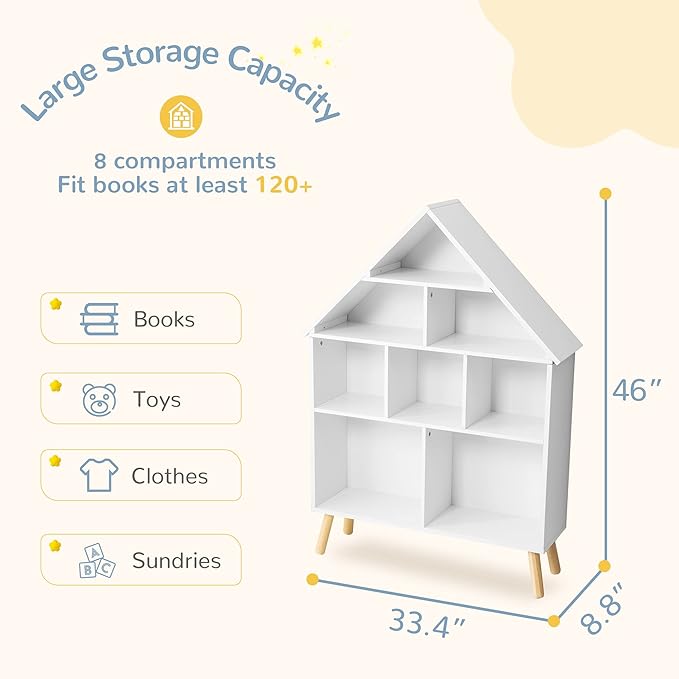 Curipeer Kids Dollhouse Bookshelf and Baby Storage - Wooden Stand Dollhouse Bookcase with 4-Tier Storage Display Organizer, Children Bookshelf for Playing Room, Nursery - White