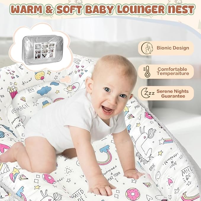 JIFTOK Baby Nests Lounger for Newborn, Snuggle Bassinet for 0-24M, Breathable Portable Co Bed, Baby Essentials Adjustable Infant Soft Cotton Loungers for Home & Travel -Ice Cream