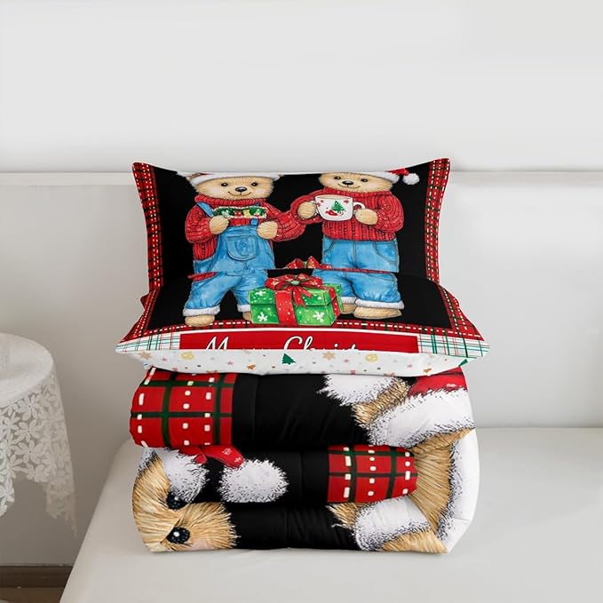 Feelyou Merry Christmas Bedding Set Soft for Boys Girls, Cute Bear Comforter Set Queen Size Duvet Quilt Microfiber Winter Bedroom Decor 3 Pcs with 2 Pillow Cases