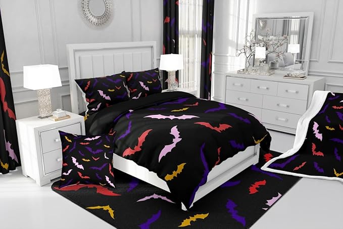 Erosebridal Bat Bedding Set Queen Size for Kids Children Happy Halloween Comforter Set Flying Bat Quilt Gothic Spooky Down Comforter with 2 Pillow Cases,Purple and Pink