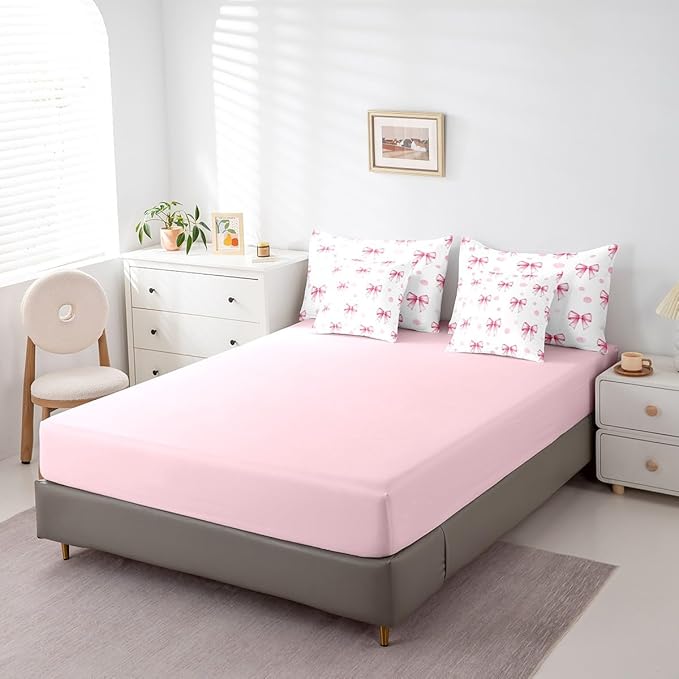 7 Pieces Pink Bow Princess Comforter Full,Bowknot Geometric Dots Toddler Bedding Set,Butterfly Knot Bow Tie Romantic White Simple（Comforter+Fitted+Flat Sheet+2 Pillowcases+2 Throw Pillow Covers）