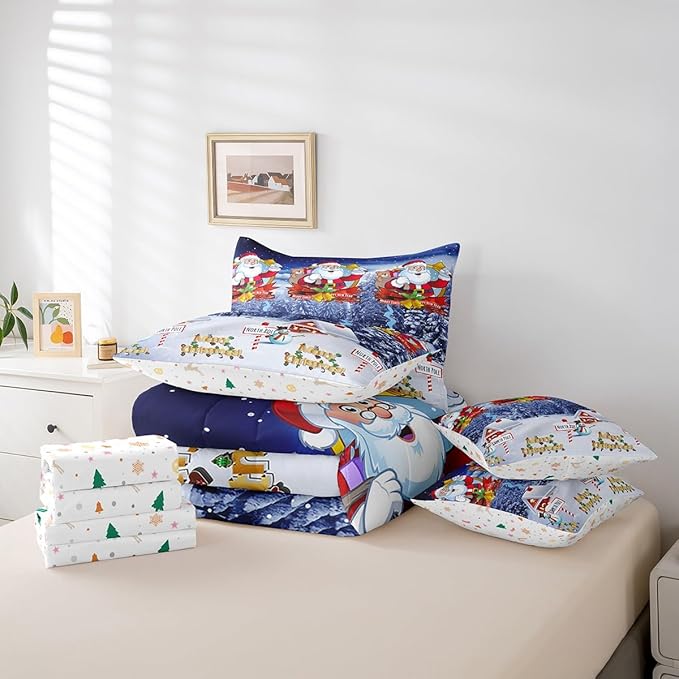 Feelyou Kids Christmas Bed in a Bag Xmas Santa Claus King Size Bed Set for Boys Girls Merry Christmas Warmth Comforter Set with Sheets Galaxy Blue Decor Bedding Set Bedroom Collection Boys