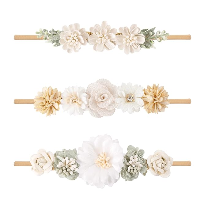 Baby Girl Nylon Headbands Flower Hair Bows Accessories-Elastic Hair Band Crown Handmade FLoral Wraps Birthday Gifts for Girls Newborn Infant Toddler 3Pcs