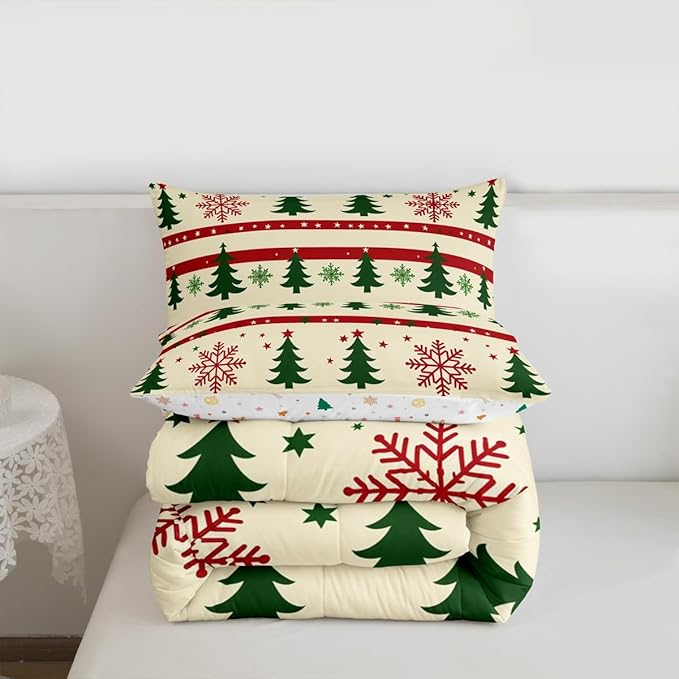 Feelyou Christmas Bedding Set Soft for Boys Girls, Xmas Tree Comforter Set King Size Snowflake Star Duvet Quilt Microfiber New Year Theme Bedroom Decor 3 Pcs with 2 Pillow Cases