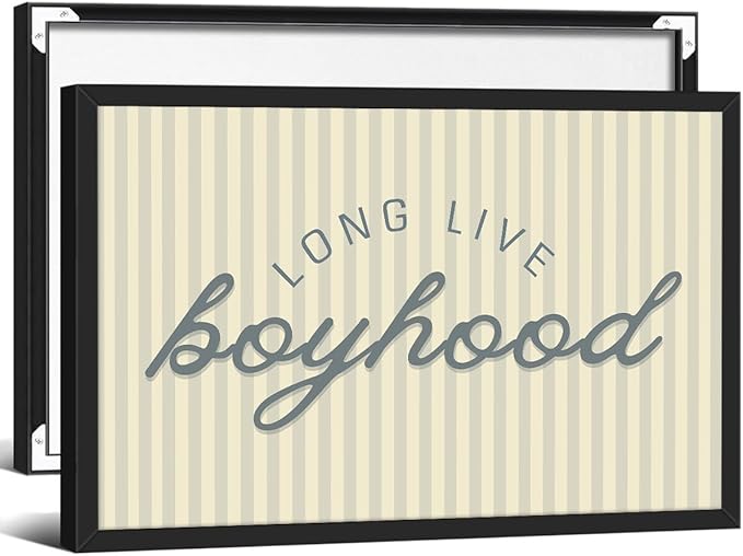 Long Live Boyhood Quote Wall Art Preppy Blue Stripe Poster 24x36 inch Black Framed Modern Fashion Minimalist Canvas Prints for Boy Nursery Bedroom Wall Decor
