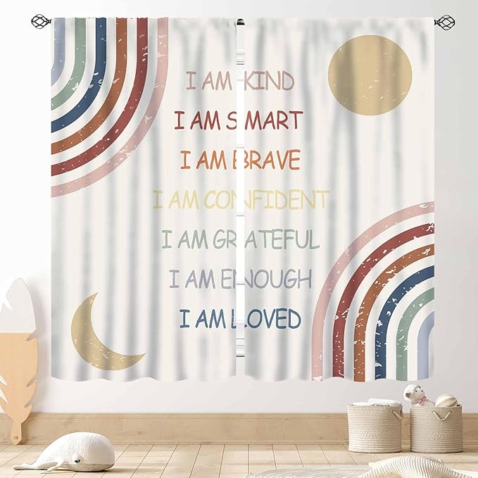 Rainbow Curtains for Girls Bedroom, Boho Rianbow Quotes Inspirational Motivational Positive Colorful Pastel Window Drapery for Baby Kids Living Room Toddler Nursery Classroom 2 Panels, 63"x72" Inch