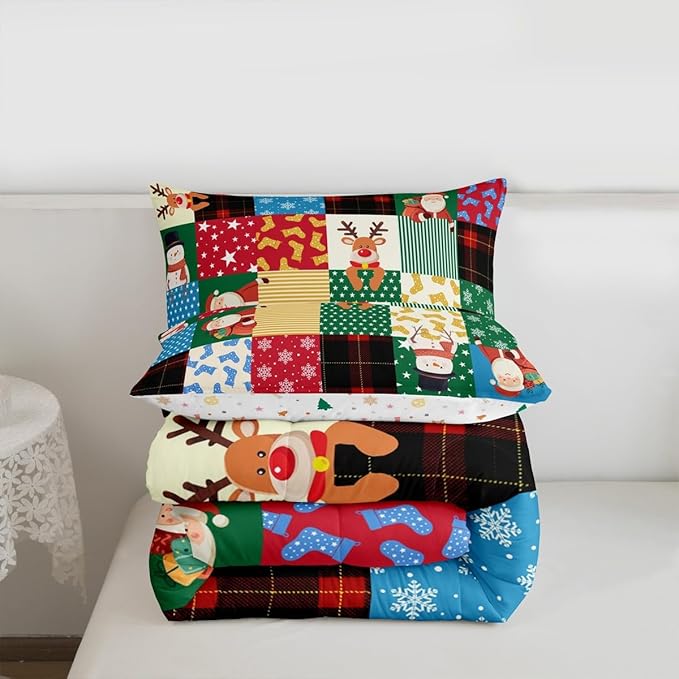Feelyou Patchwork Christmas Bedding Set Soft for Boys Girls, Santa Claus Reindeer Comforter Set Twin Size Snowman Duvet Quilt Microfiber Snowflake Bedroom Decor 2 Pcs with 1 Pillow Cases