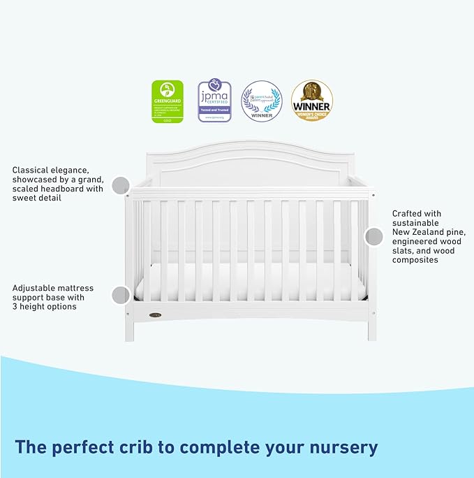 Graco Paris 4-in-1 Convertible Crib (White) – GREENGUARD Gold Certified, Converts to Toddler Bed and Daybed, Fits Standard Full-Size Crib Mattress, Adjustable Mattress Support Base