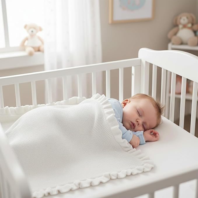 Cotton Baby Blanket with Ruffle Edge Soft Breathable Newborn Blanket for Boys & Girls, Lightweight Knit Throw for Crib, Stroller & Nursery Multiple Colors Available White 28x36