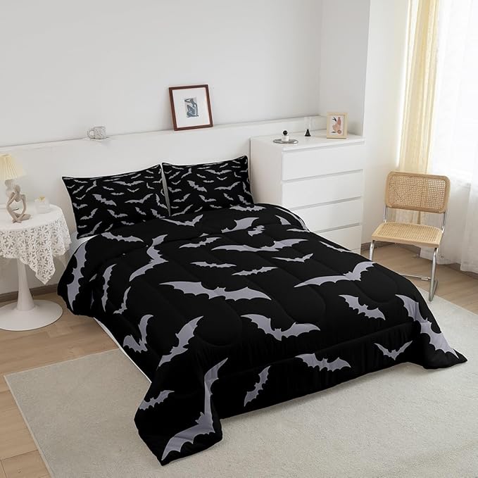 Erosebridal Happy Halloween Comforter Set for Kids Youth Grey Bats Bedding Set Gothic Spooky Quilt Full Size Cartonn Bed Decorative Bedding Comforter Sets with 2 Pillow Cases