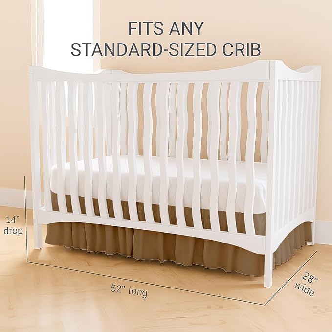 Crib Bed Skirt Dust Ruffle with Split Corners, 100% Cotton, Taupe Nursery Crib Skirt for Baby Boys or Girls, 28x52, 14" Drop, Toddler Bed Skirt, Baby Bedding, Crib Sheet Skirt, Soft & Breathable