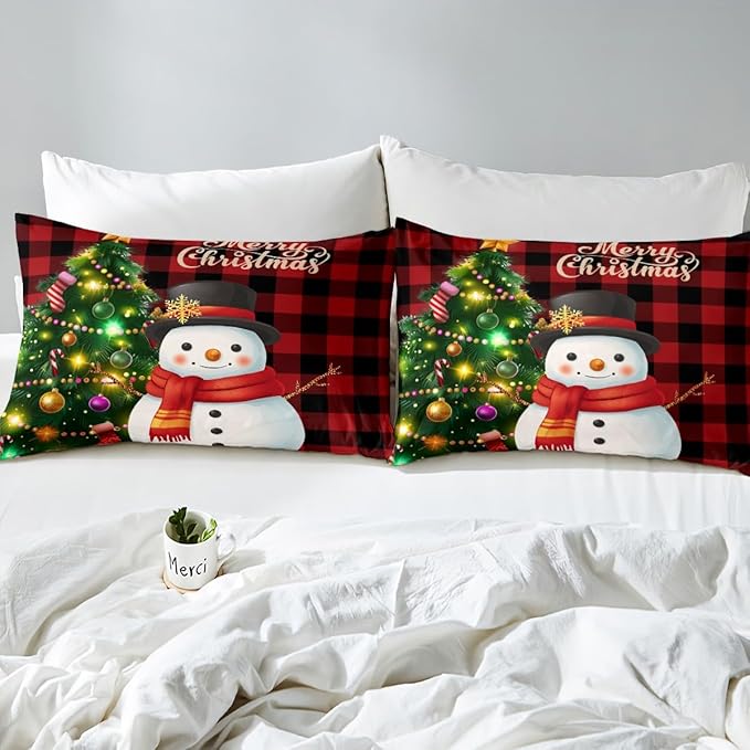 Manfei Christmas Duvet Cover Set Twin Size, Snowman Christmas Tree Comforter Cover with 1 Pillowcase, Red Plaid Grid Print Bedding Set 2pcs for Kids Boys Girls Room Decor,No Comforter