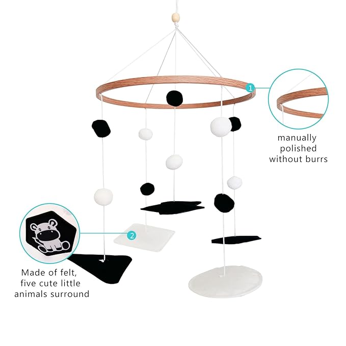 Montessori Mobile for Crib, Black and White Mobile for Baby, Neutral Baby Crib Mobile for Boys Girls, Nursery Mobiles Nursery Decor for Pack N Play, Safari