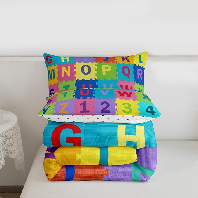 Feelyou Kids Puzzle Alphabet Numbers Comforter Set Queen Size ABC Letters Bedding Set for Kids Boys Girls Educational Duvet Quilt English Learning Bedroom Decor Microfiber 3 Pcs with 2 Pillow Cases
