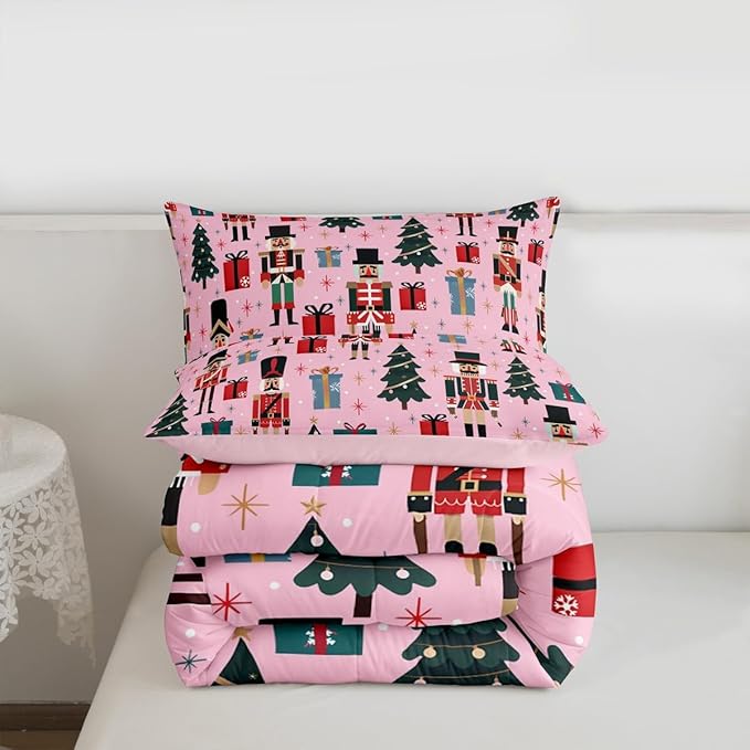 Feelyou Nutcracker Comforter Set All Season Merry Christmas Tree Bedding Set with 2 Pillow Cases Snowflake Kids Full Bedclothes Soldier Print Decor Duvet Quilt Soft Lightweight