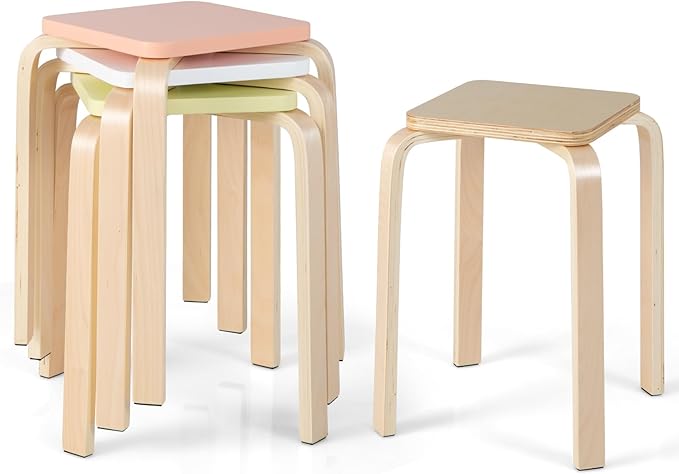 GOFLAME Stackable Wooden Stools Set of 4, Backless Chairs with Square Top, Anti-Slip Felt Mats, Portable Seating for Classroom, Office, Dinning Room, Living Room, Kitchen, Bar Counter, Assorted Color