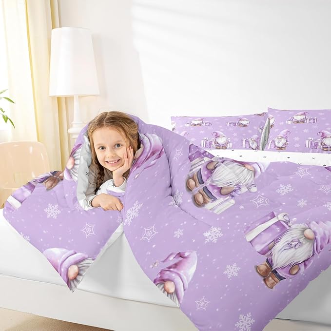 Feelyou Purple Christmas Kids Comforter Set King Size Scandinavian Christmas Santa Gnomes Bedding Set Xmas Snowflake Duvet Quilt for Kids Boys Girls Bedroom Decor Ultra Soft Breathable