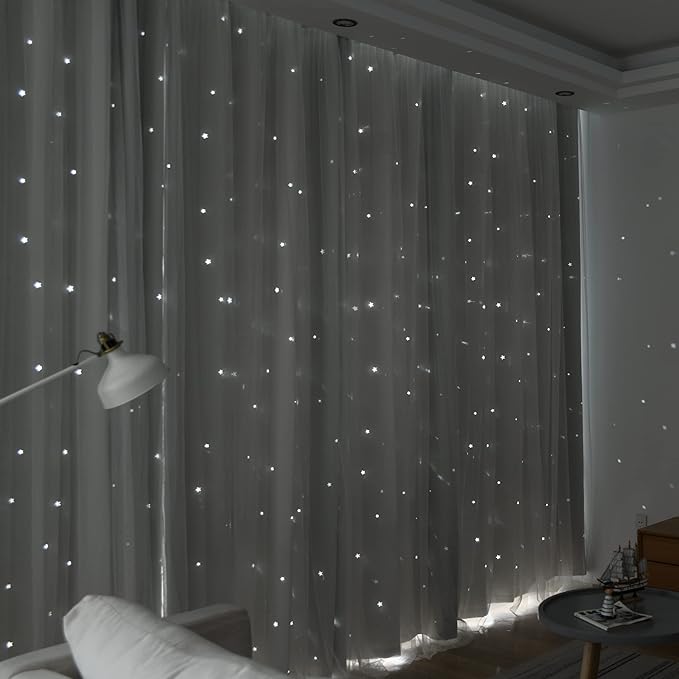 Kinryb Kids Curtains for Bedroom/Living Room/Classroom, Sheer Overlay Extra Long,2 Free Tiebacks, Double Layer Curtains with Star Cutout for Kids Room(W 52 x L 108 Inches,Greyish White 2 Pcs)
